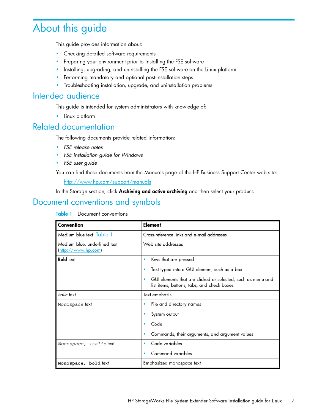 HP File System Extender (FSE) About this guide, Intended audience, Related documentation, Document conventions and symbols 