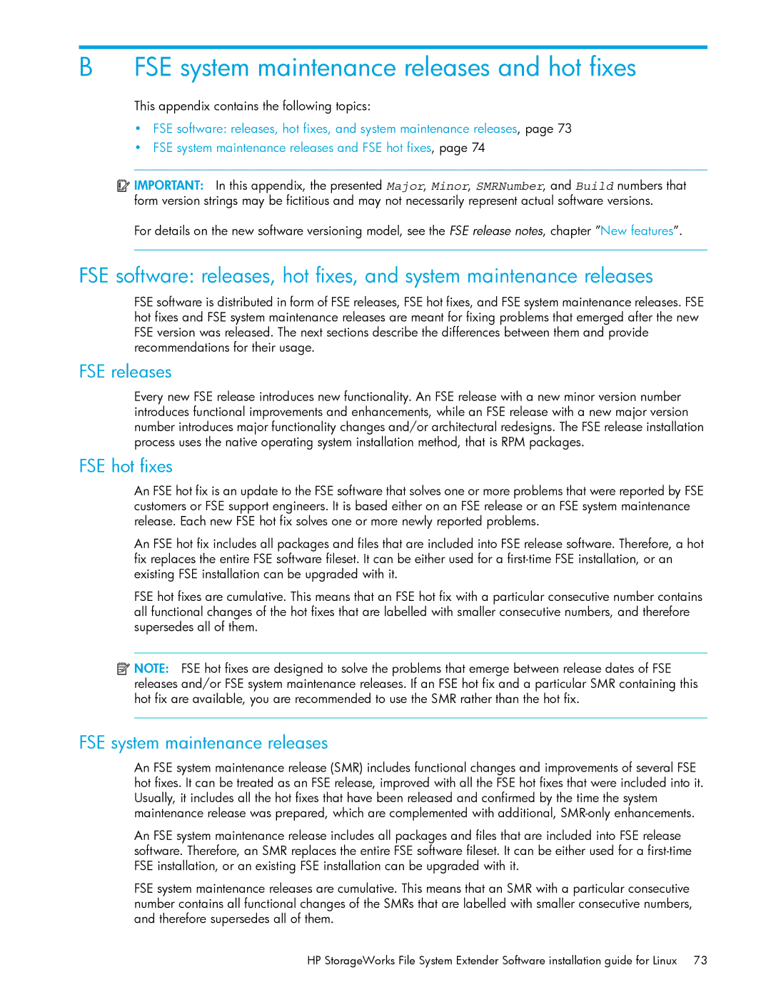 HP File System Extender (FSE) manual FSE system maintenance releases and hot fixes, FSE releases, FSE hot fixes 