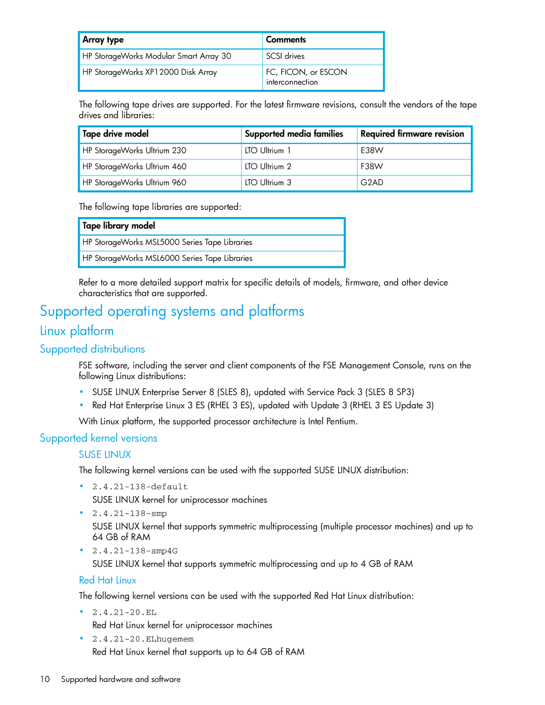 HP File System Extender (FSE) manual Supported operating systems and platforms, Linux platform 