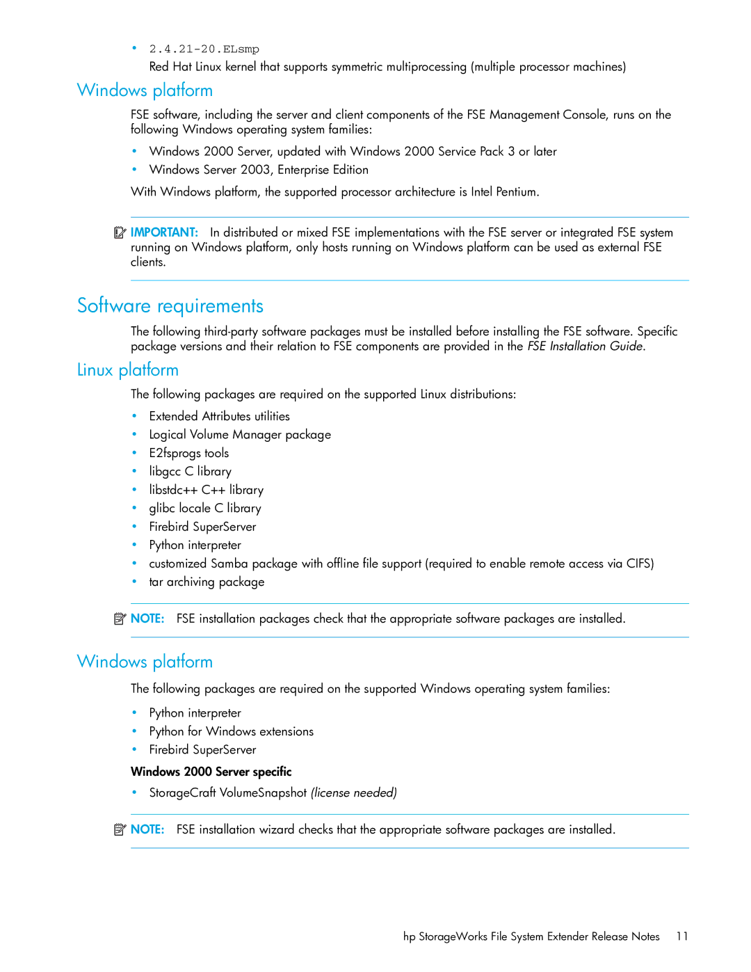 HP File System Extender (FSE) manual Software requirements, Windows platform 