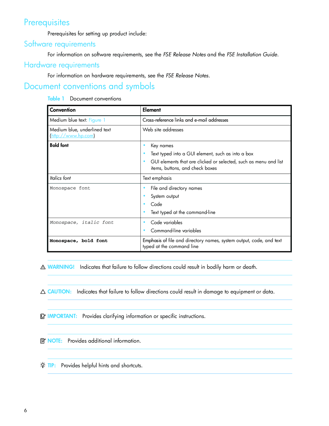 HP File System Extender (FSE) manual Prerequisites, Document conventions and symbols, Software requirements 