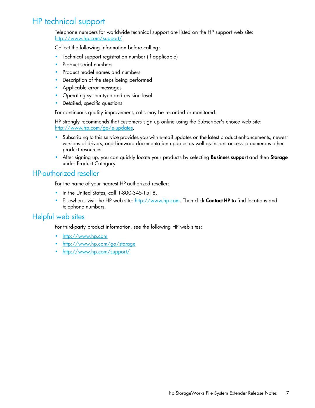 HP File System Extender (FSE) manual HP technical support, HP-authorized reseller, Helpful web sites 
