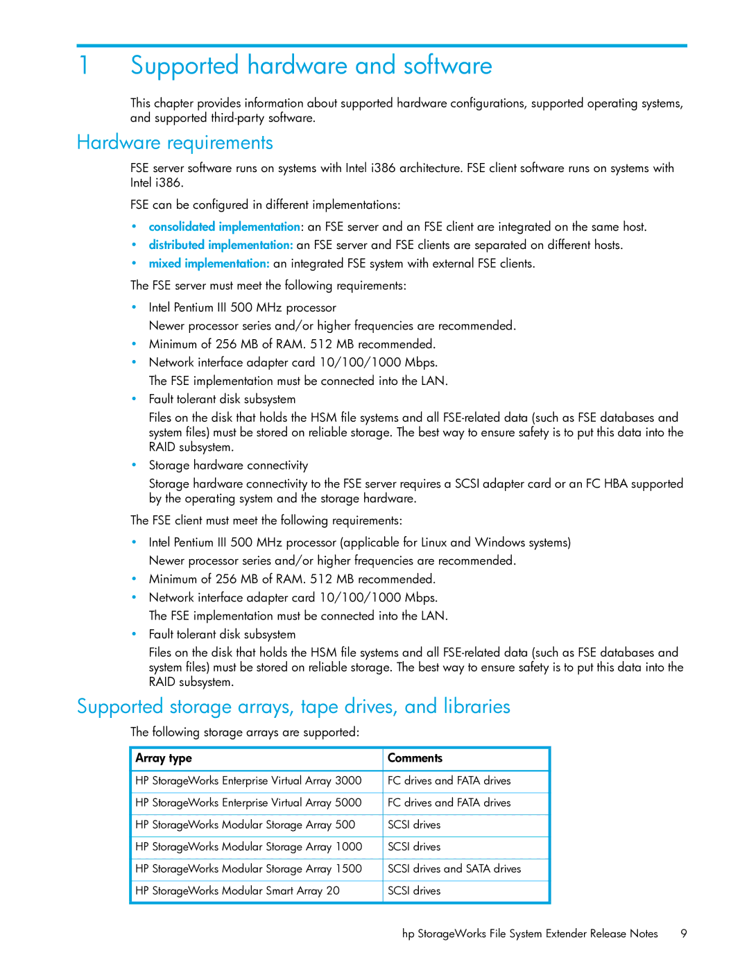 HP File System Extender (FSE) manual Supported hardware and software, Hardware requirements 