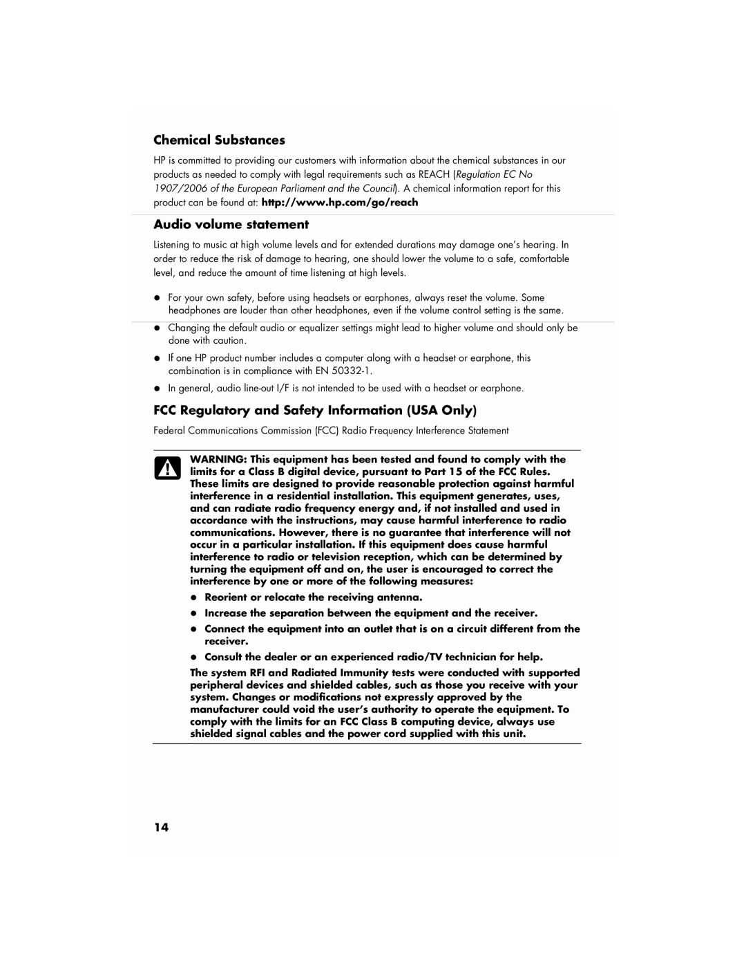 HP Firebird with DNA 802 manual Chemical Substances Audio volume statement, FCC Regulatory and Safety Information USA Only 