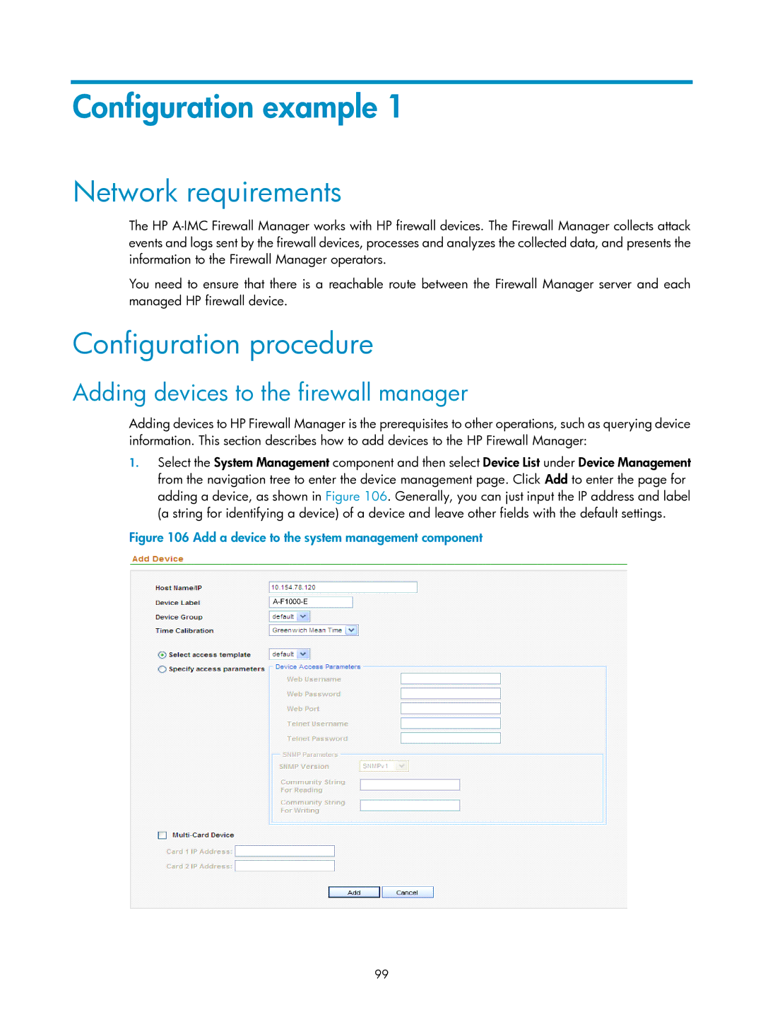 HP Firewall manual Network requirements, Configuration procedure, Adding devices to the firewall manager 