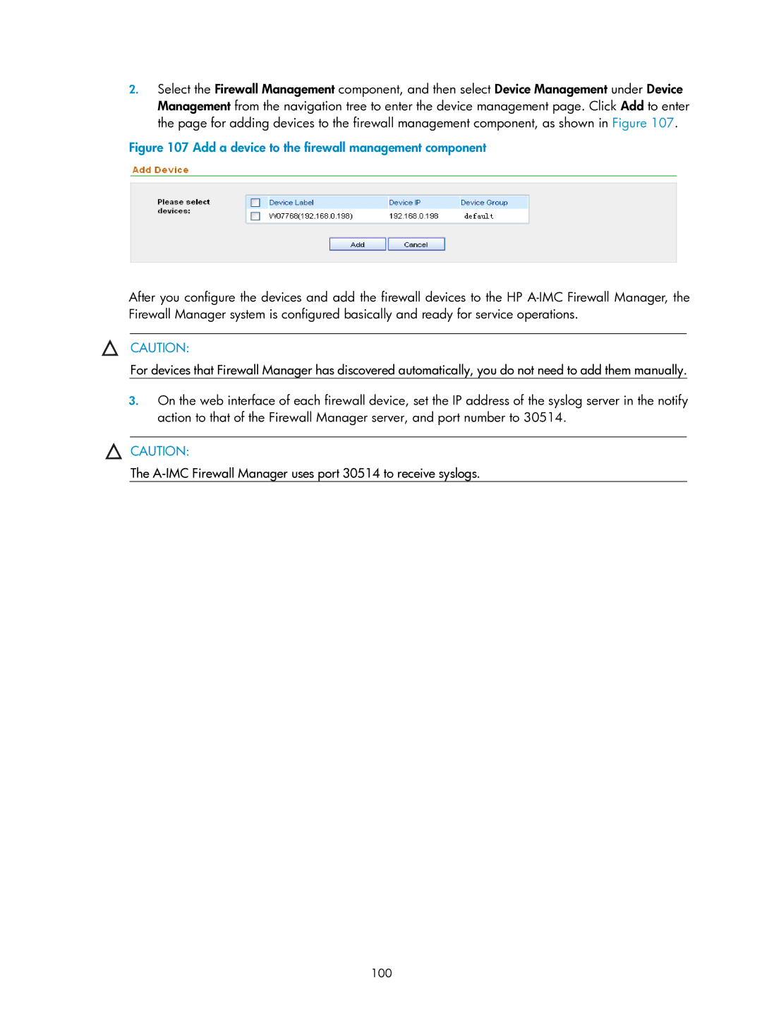 HP Firewall manual Add a device to the firewall management component 