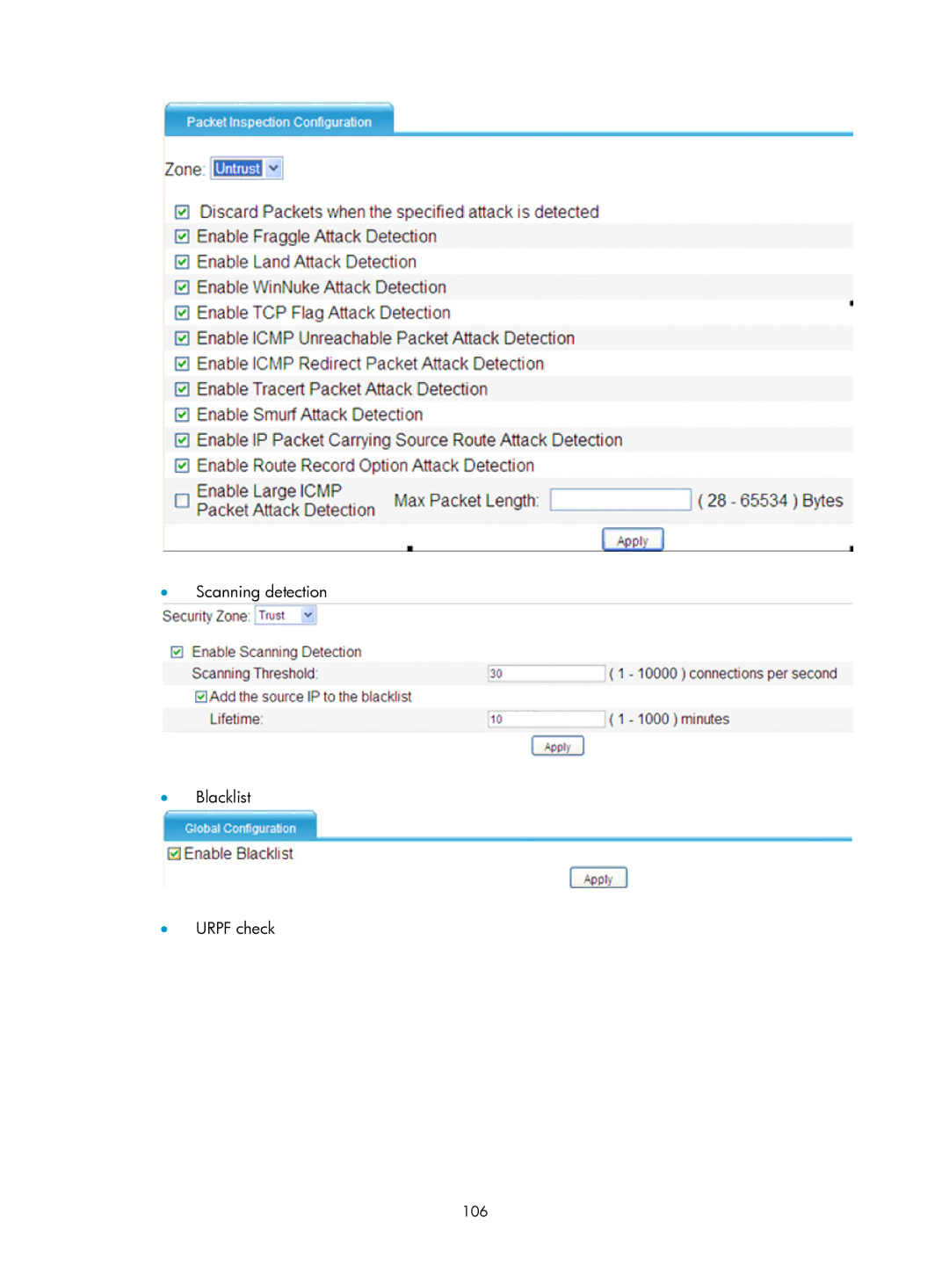 HP Firewall manual Scanning detection Blacklist Urpf check 