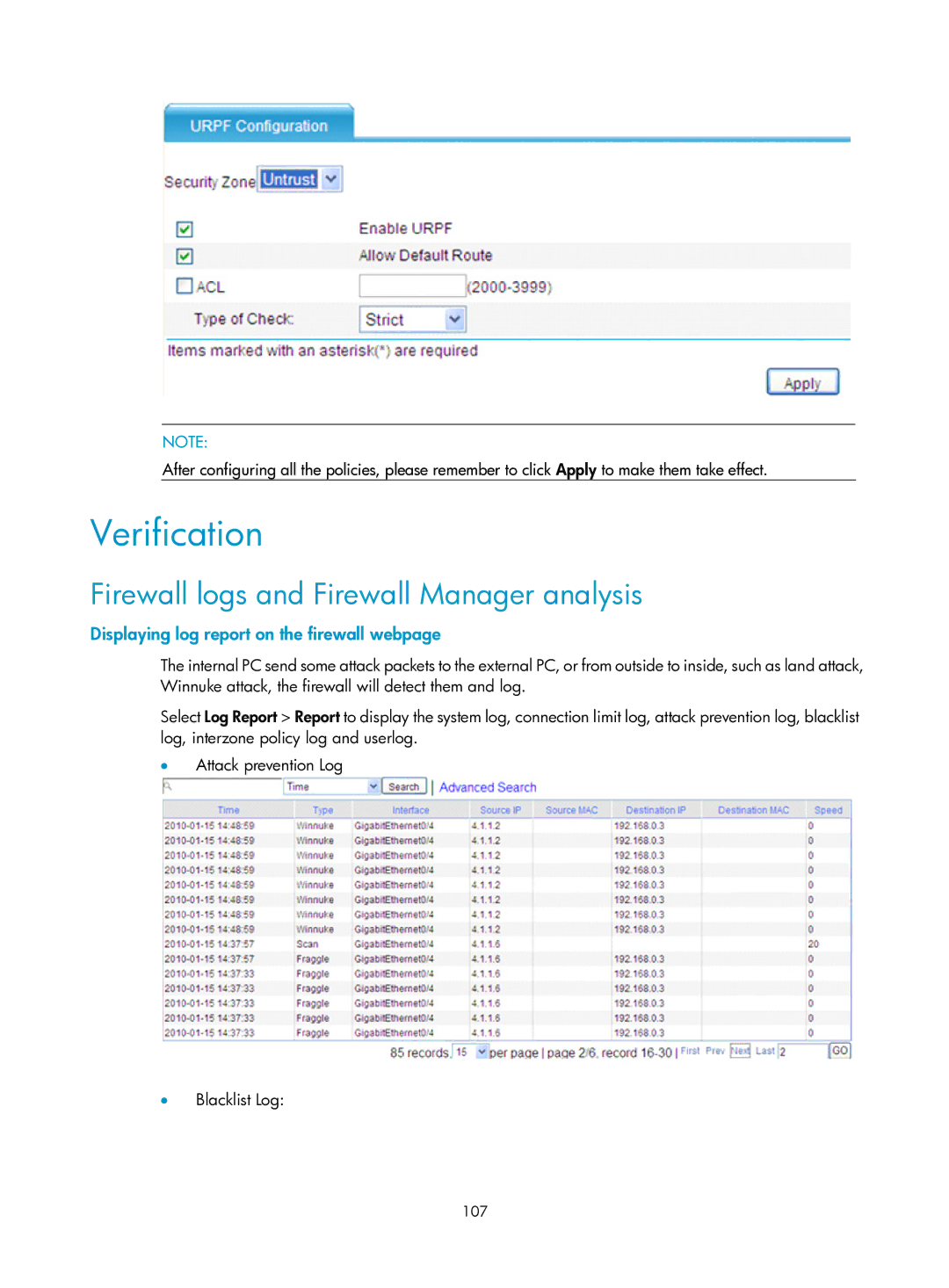 HP manual Verification, Firewall logs and Firewall Manager analysis, Displaying log report on the firewall webpage 