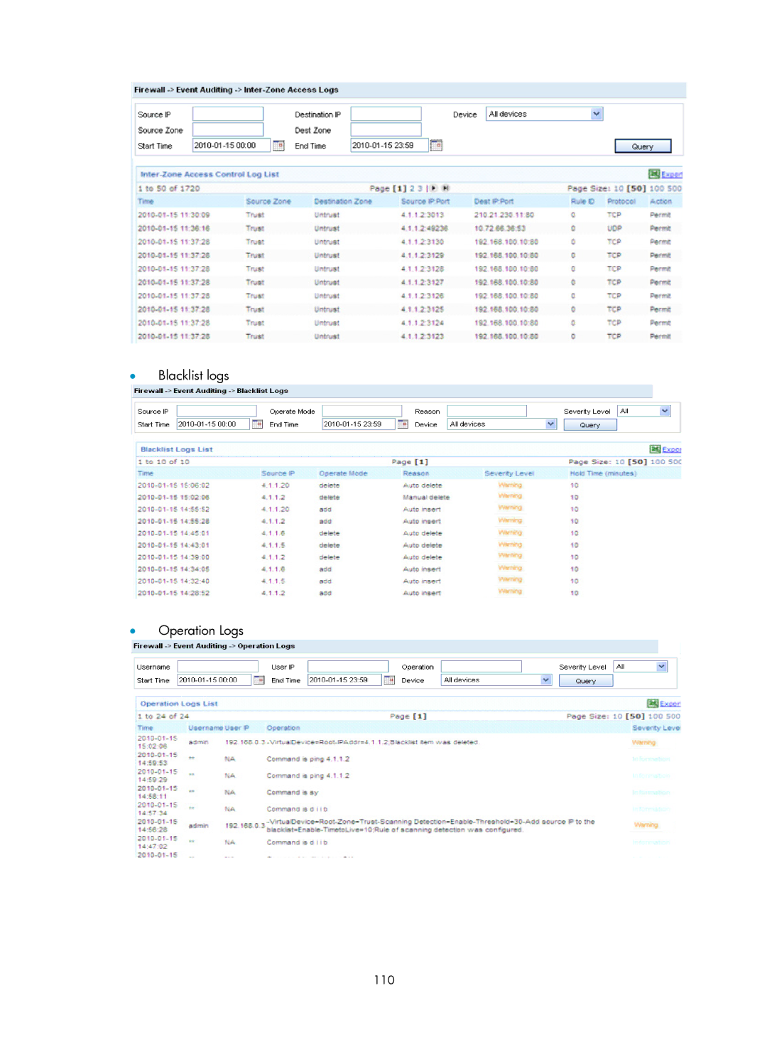 HP Firewall manual Blacklist logs Operation Logs 