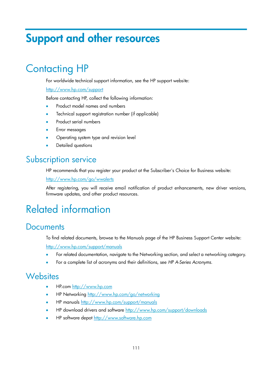 HP Firewall manual Contacting HP, Related information, Subscription service, Documents, Websites 