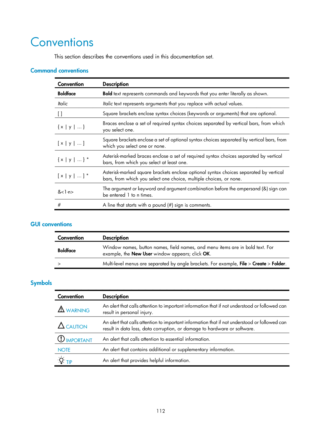 HP Firewall manual Conventions, Command conventions, GUI conventions, Symbols, Convention Description 