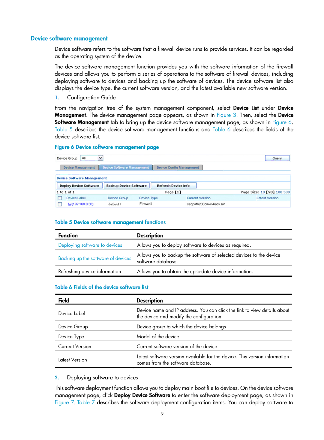 HP Firewall manual Device software management, Fields of the device software list, Deploying software to devices 