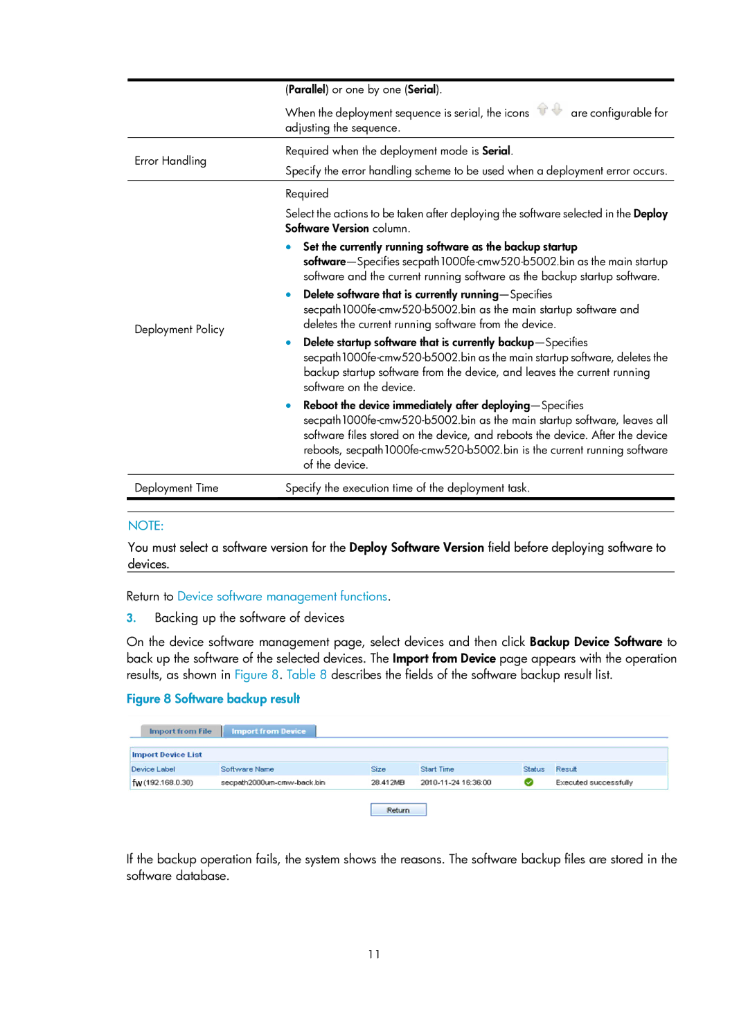 HP Firewall manual Return to Device software management functions, Software backup result 