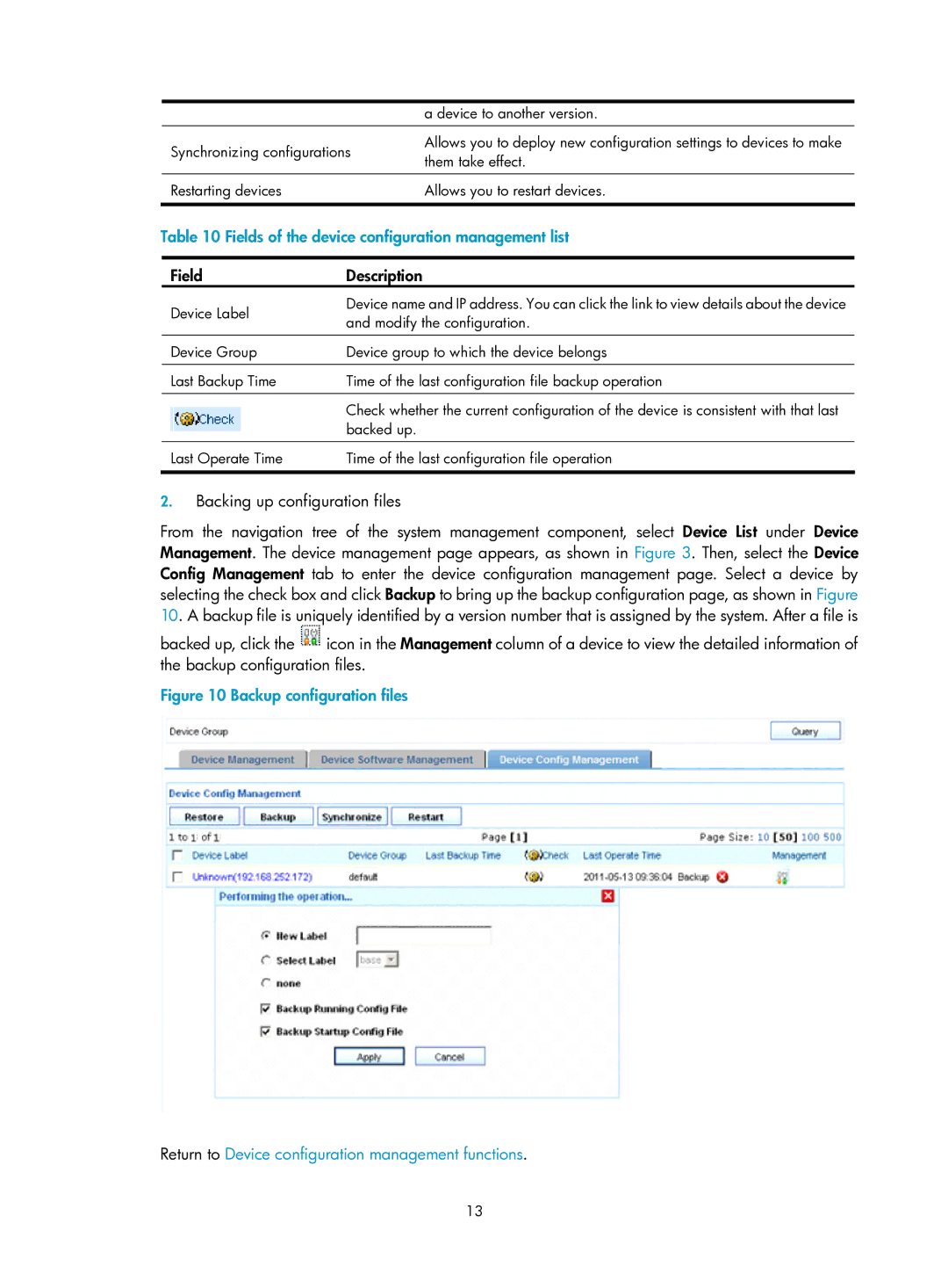 HP Firewall manual Fields of the device configuration management list, Backing up configuration files 