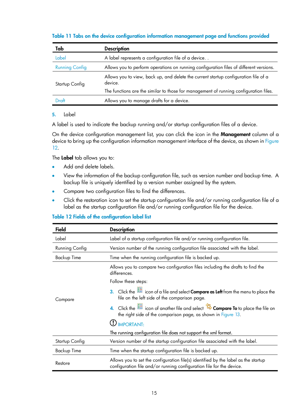 HP Firewall manual Tab Description, Fields of the configuration label list, Label, Running Config, Draft 