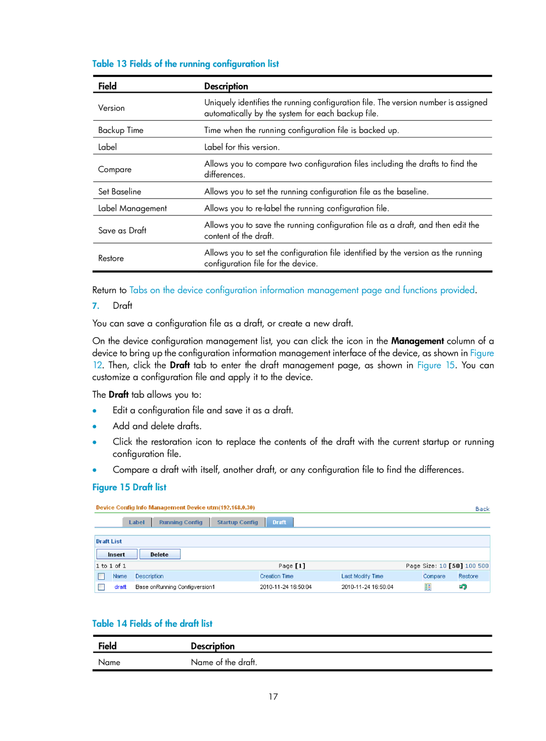 HP Firewall manual Fields of the running configuration list, Draft list Fields of the draft list 