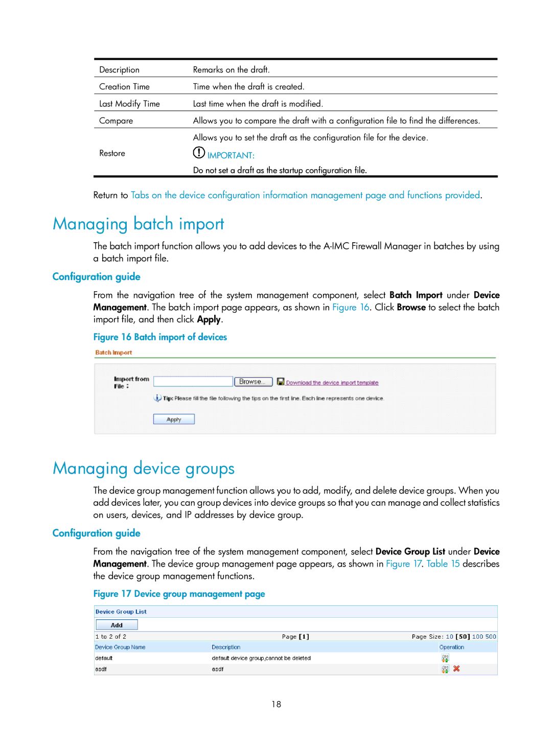 HP Firewall manual Managing batch import, Managing device groups, Configuration guide 