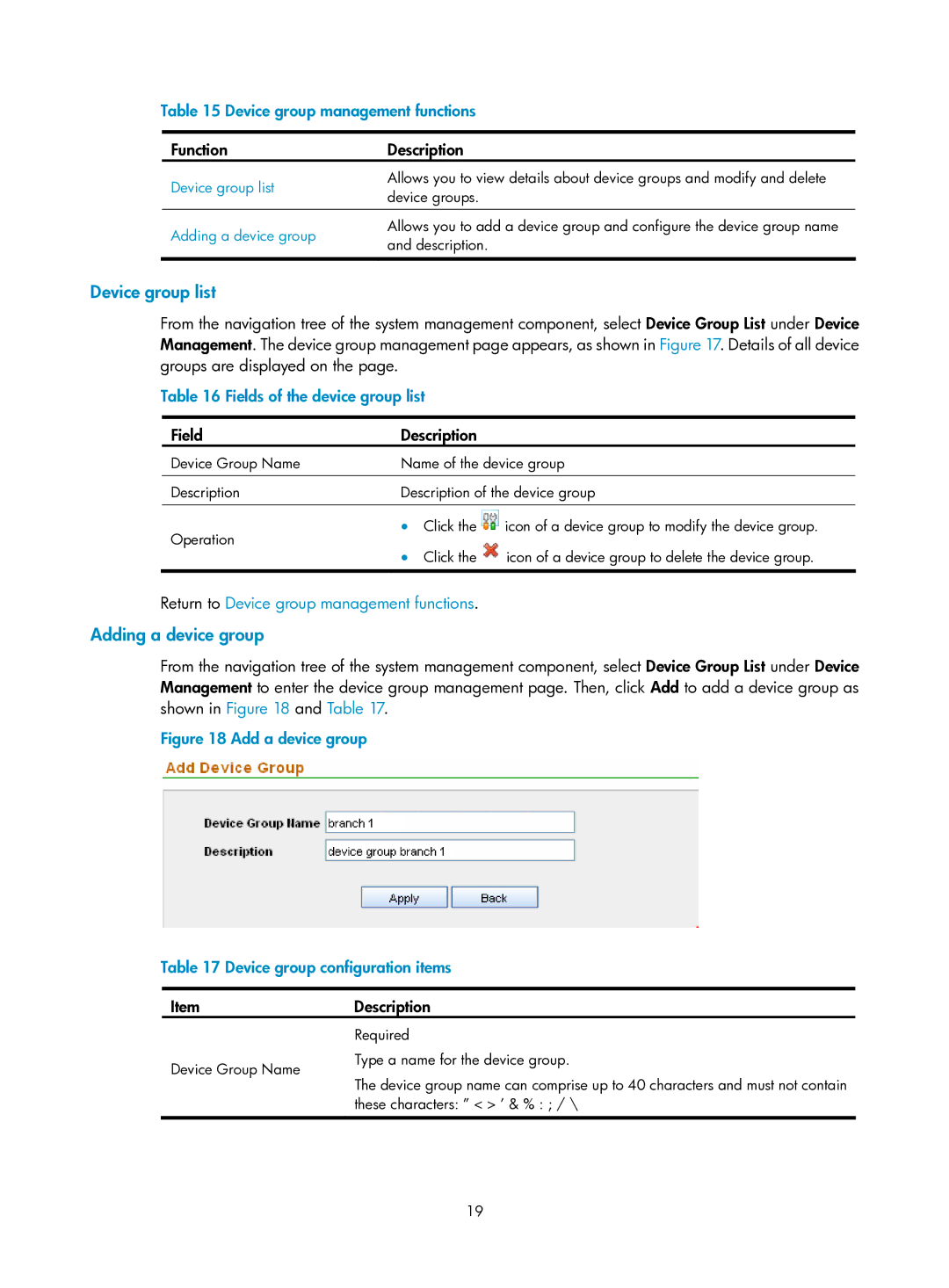 HP Firewall Device group list, Adding a device group, Device group management functions, Fields of the device group list 