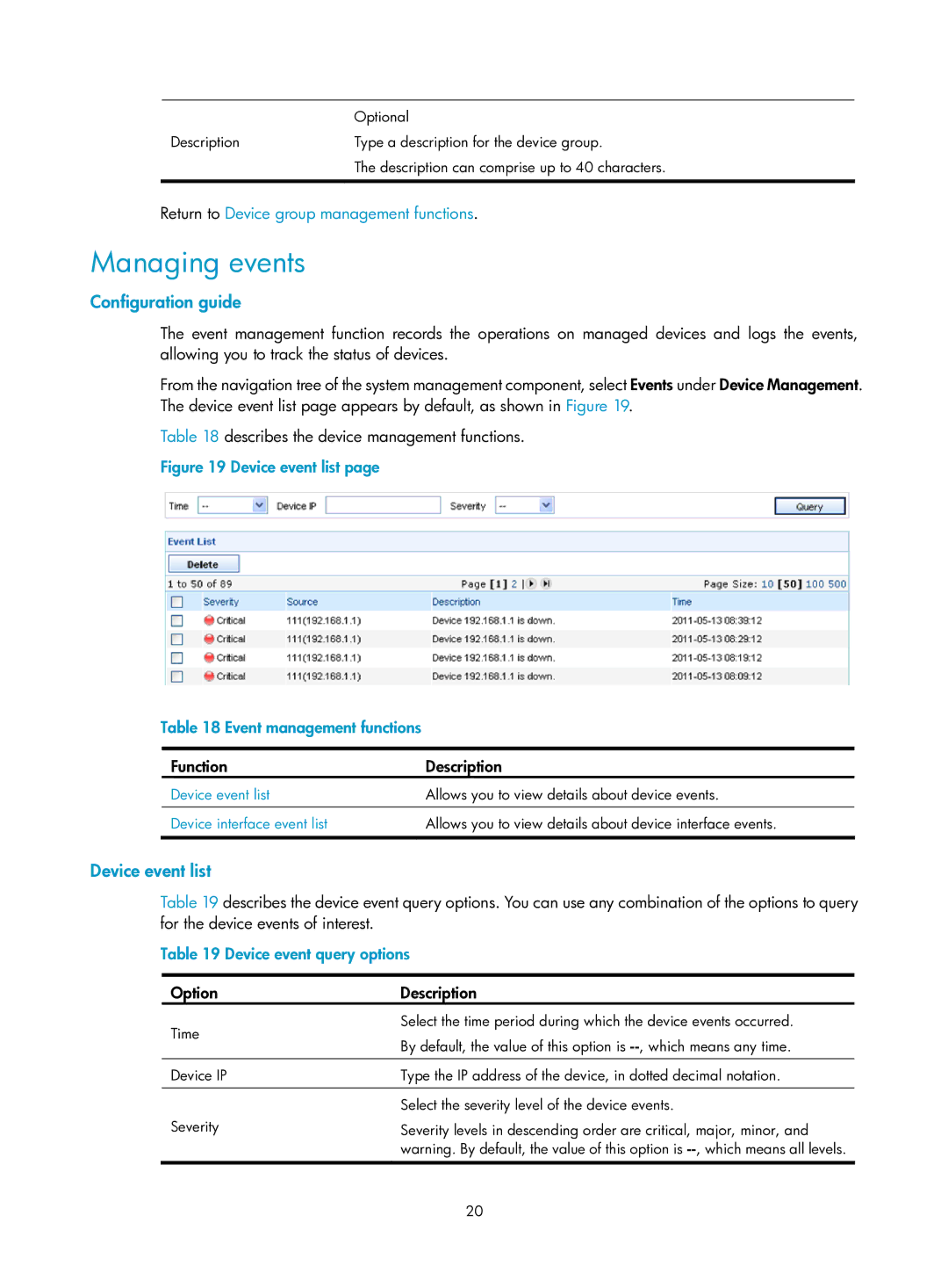 HP Firewall manual Managing events, Device event list, Device event query options, Option 