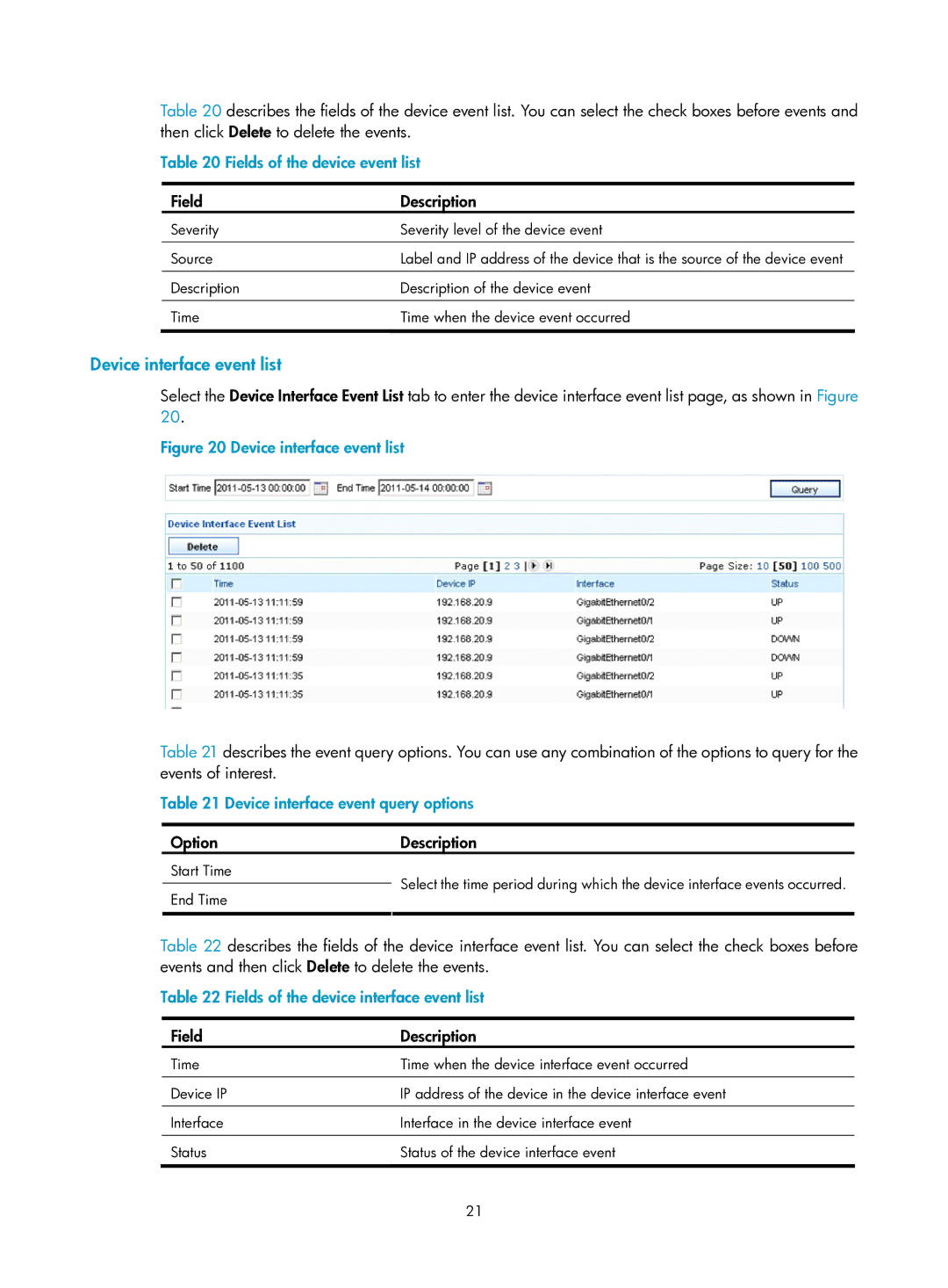 HP Firewall manual Device interface event list, Fields of the device event list, Device interface event query options 