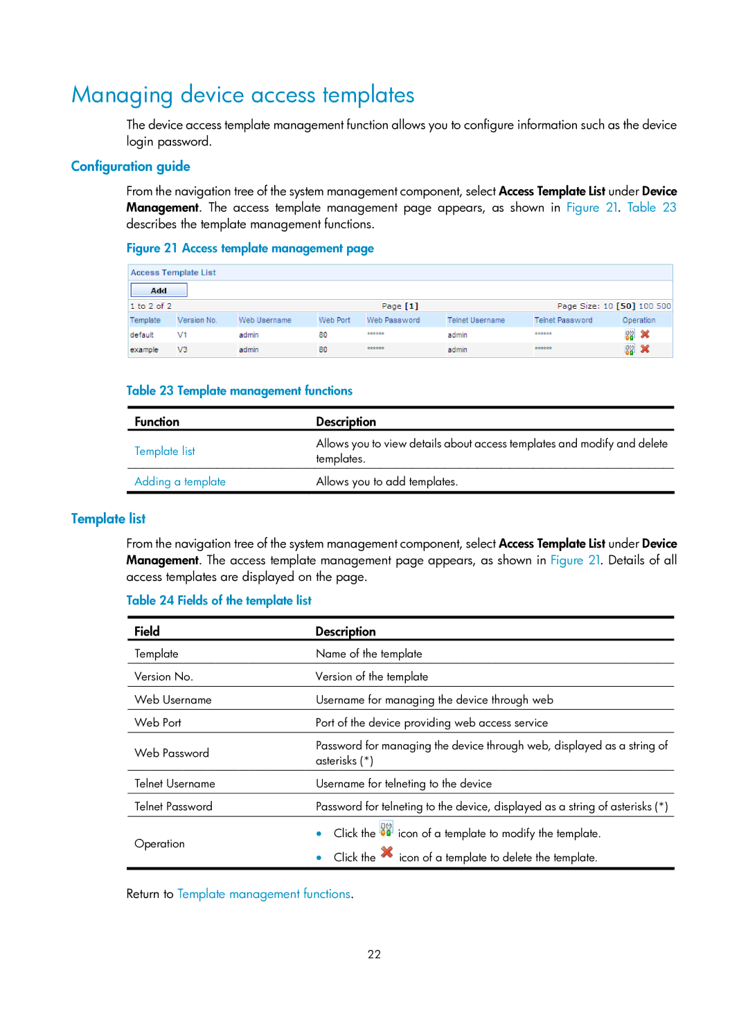 HP Firewall manual Managing device access templates, Template list, Fields of the template list 