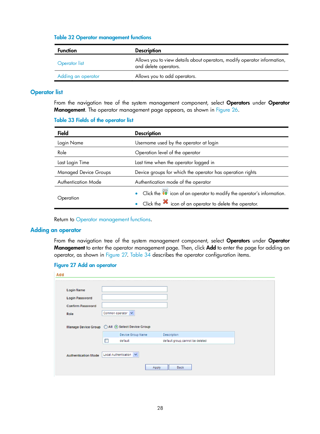 HP Firewall manual Operator list, Adding an operator, Operator management functions Function Description 