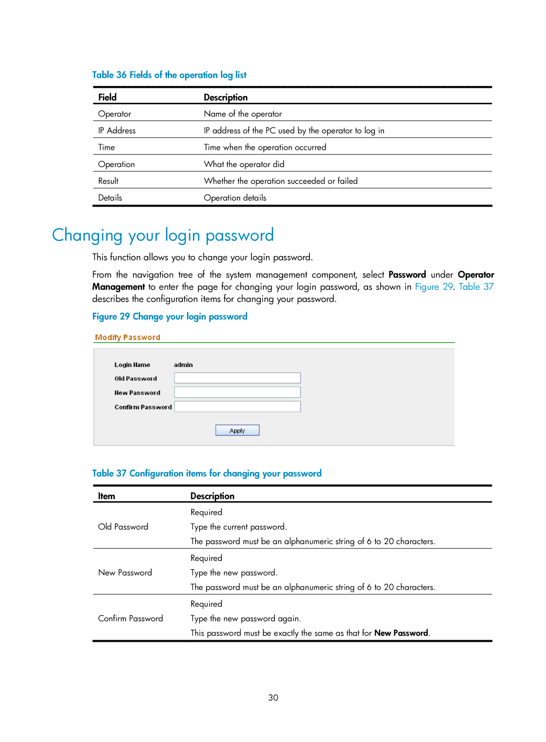 HP Firewall manual Changing your login password, Fields of the operation log list, ItemDescription 