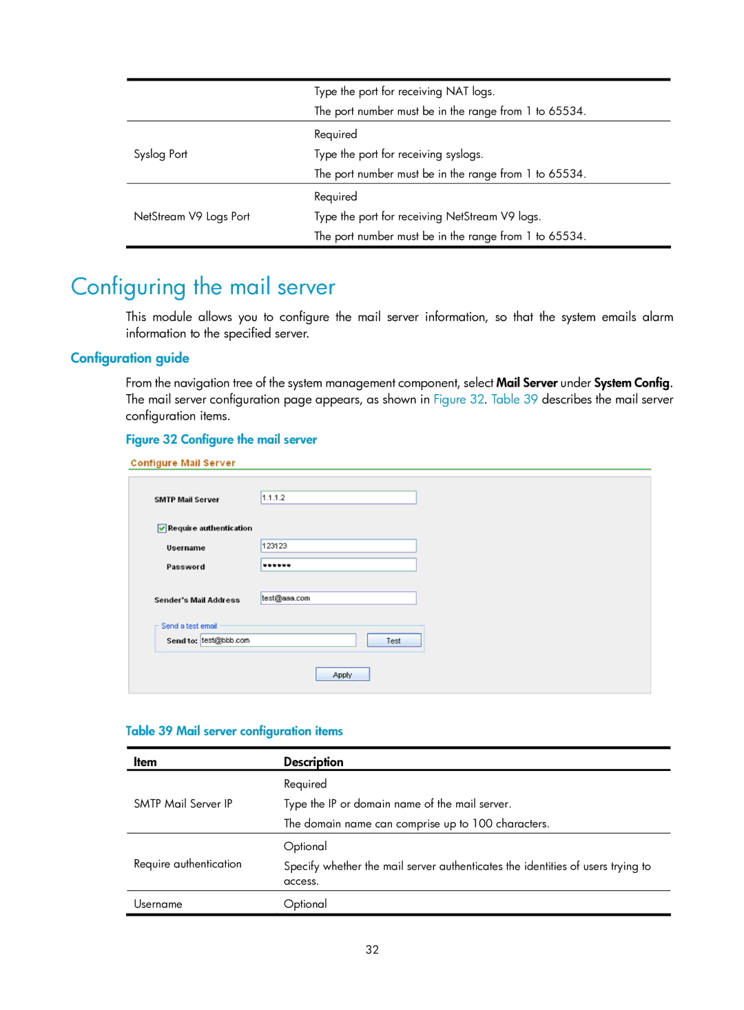 HP Firewall manual Configuring the mail server, Configure the mail server Mail server configuration items 