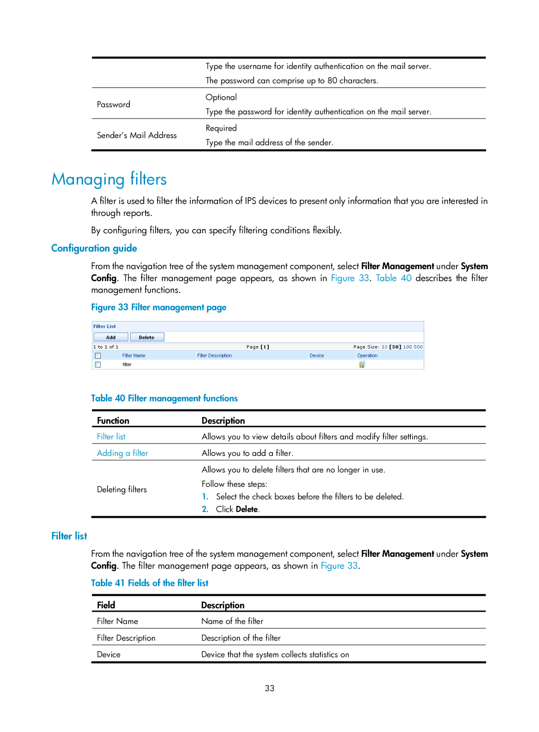 HP Firewall manual Managing filters, Filter list, Fields of the filter list, Adding a filter 