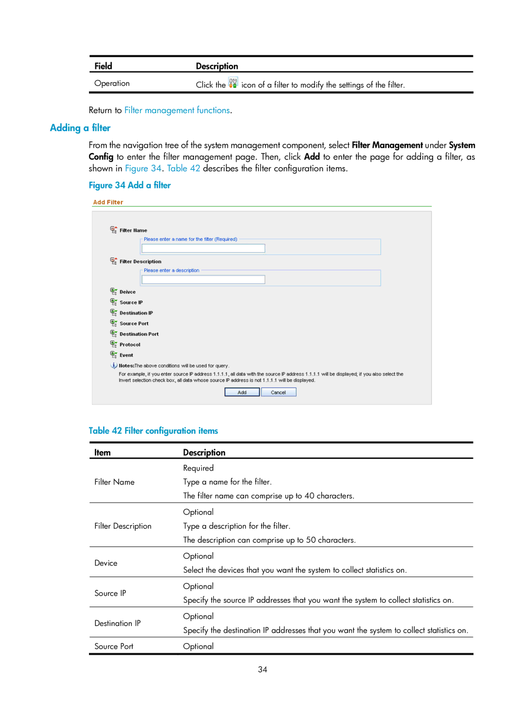 HP Firewall manual Adding a filter, FieldDescription, Return to Filter management functions 