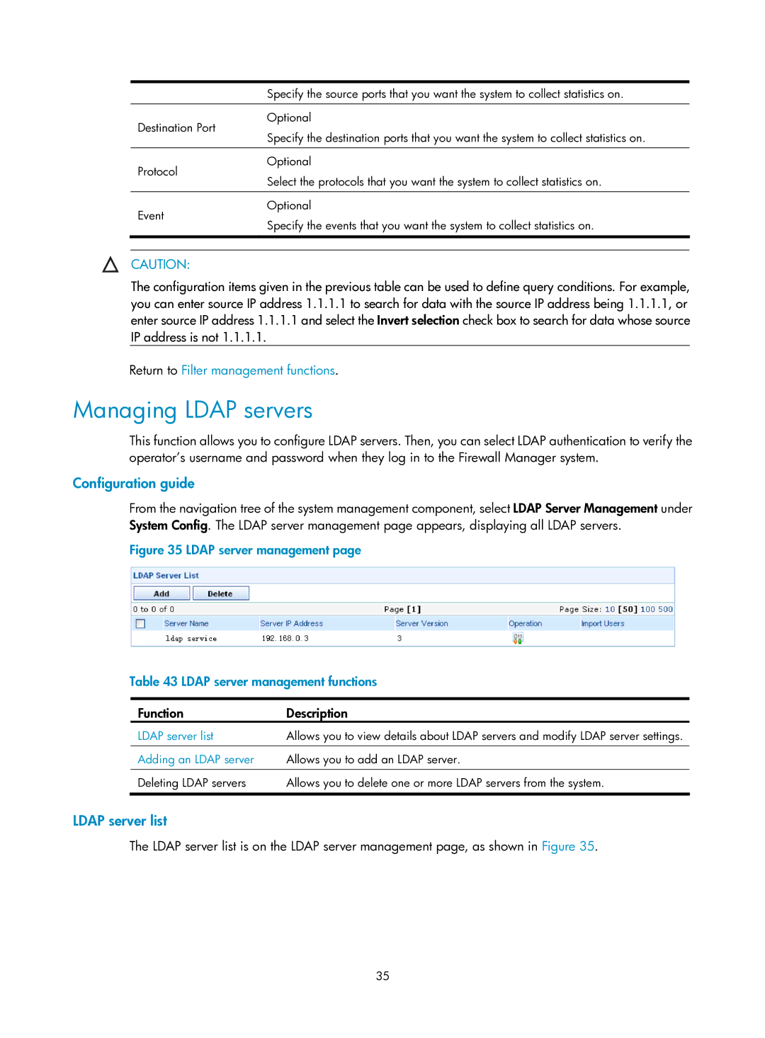 HP Firewall manual Managing Ldap servers, Ldap server list, Adding an Ldap server 