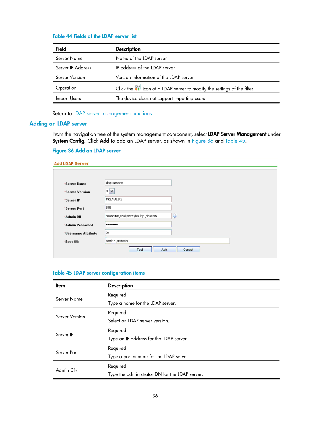 HP Firewall manual Adding an Ldap server, Fields of the Ldap server list, Return to Ldap server management functions 