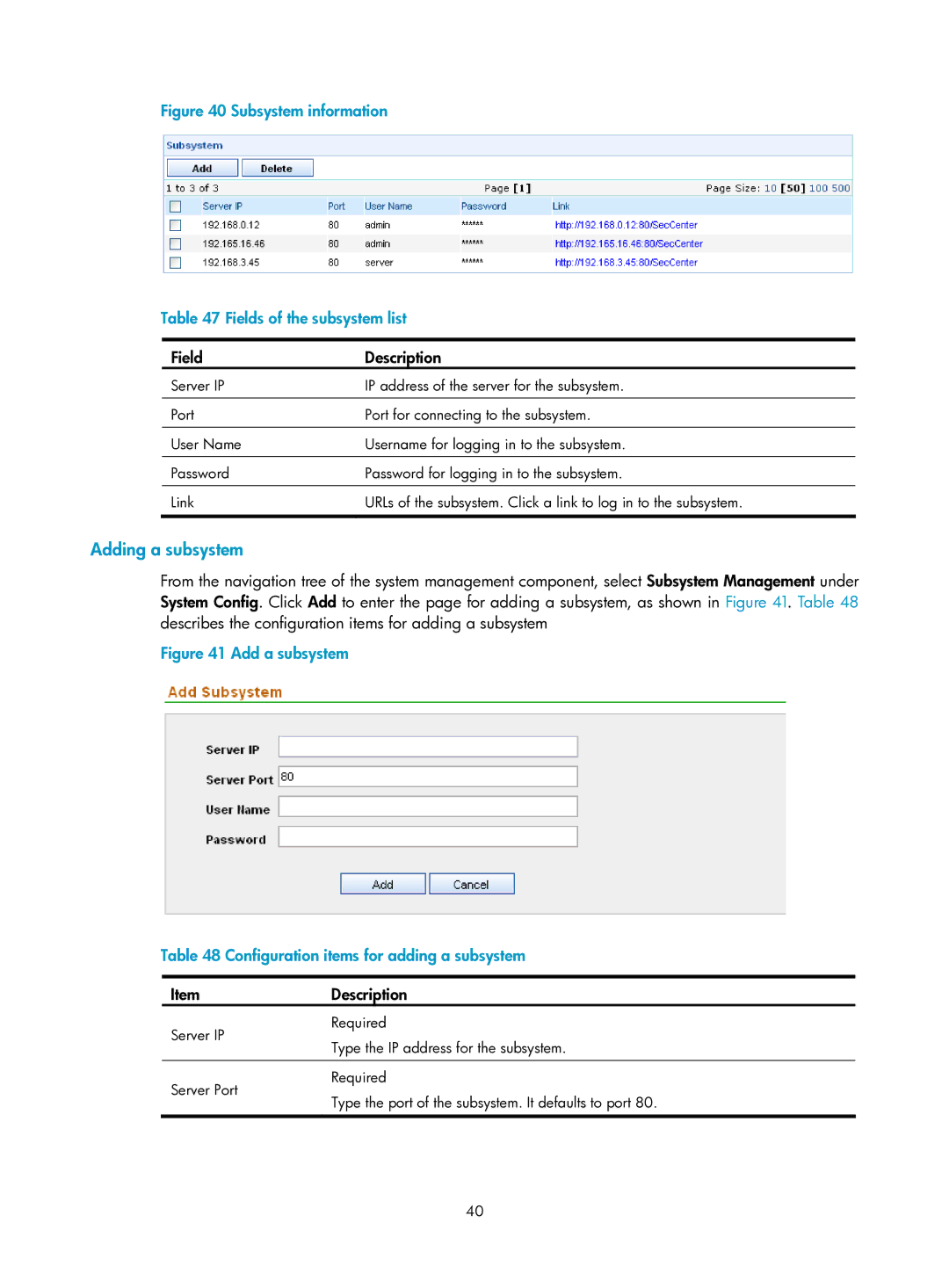 HP Firewall manual Adding a subsystem, Subsystem information Fields of the subsystem list 