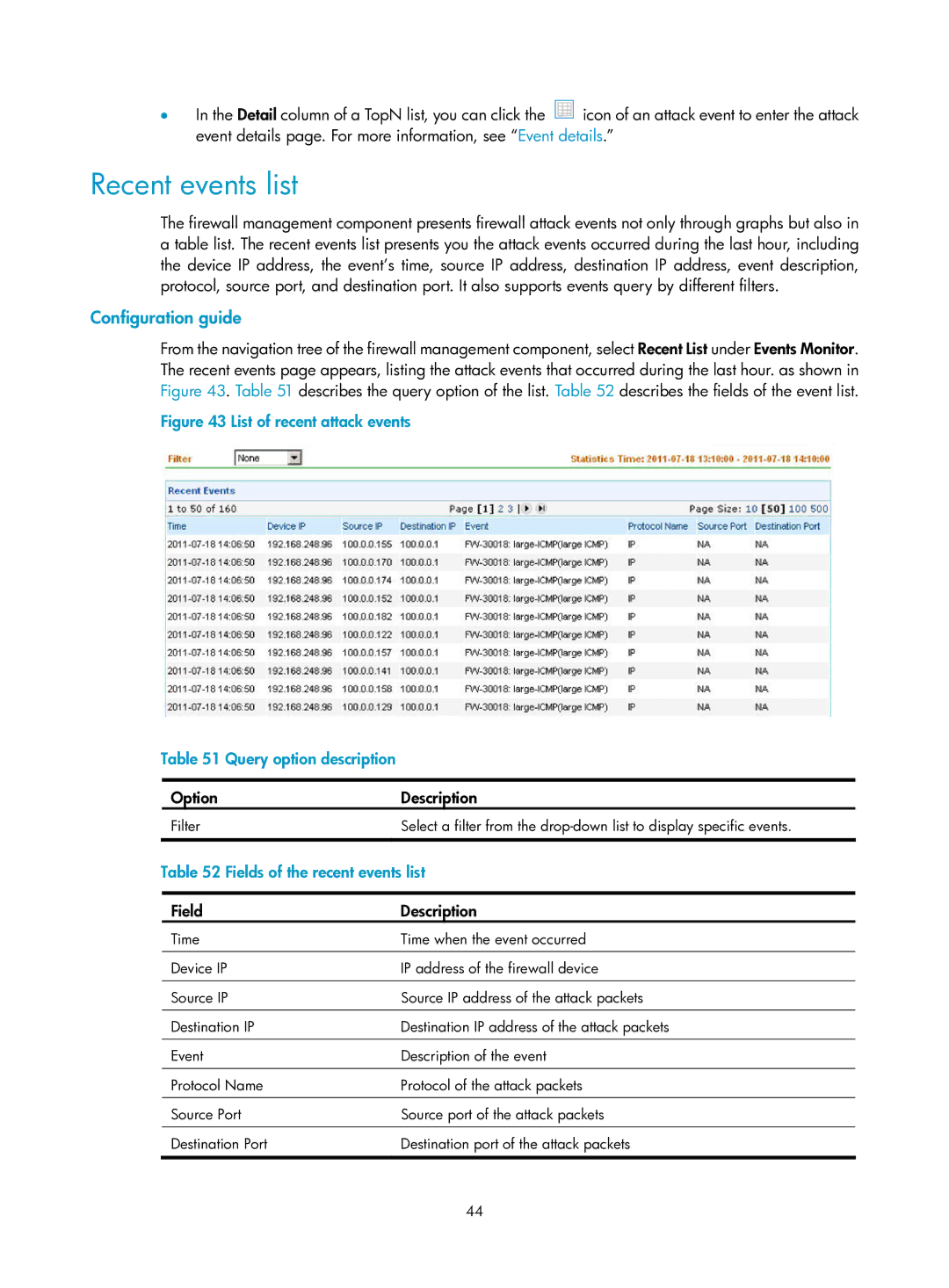 HP Firewall manual Recent events list, Fields of the recent events list 