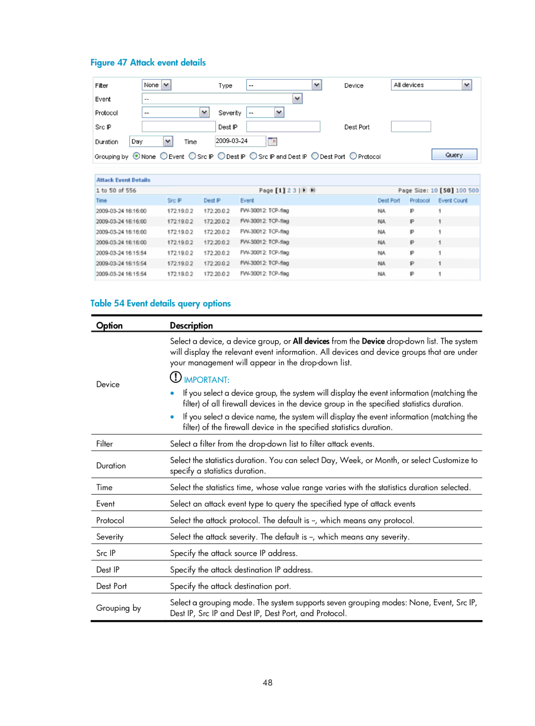 HP Firewall manual Attack event details Event details query options 