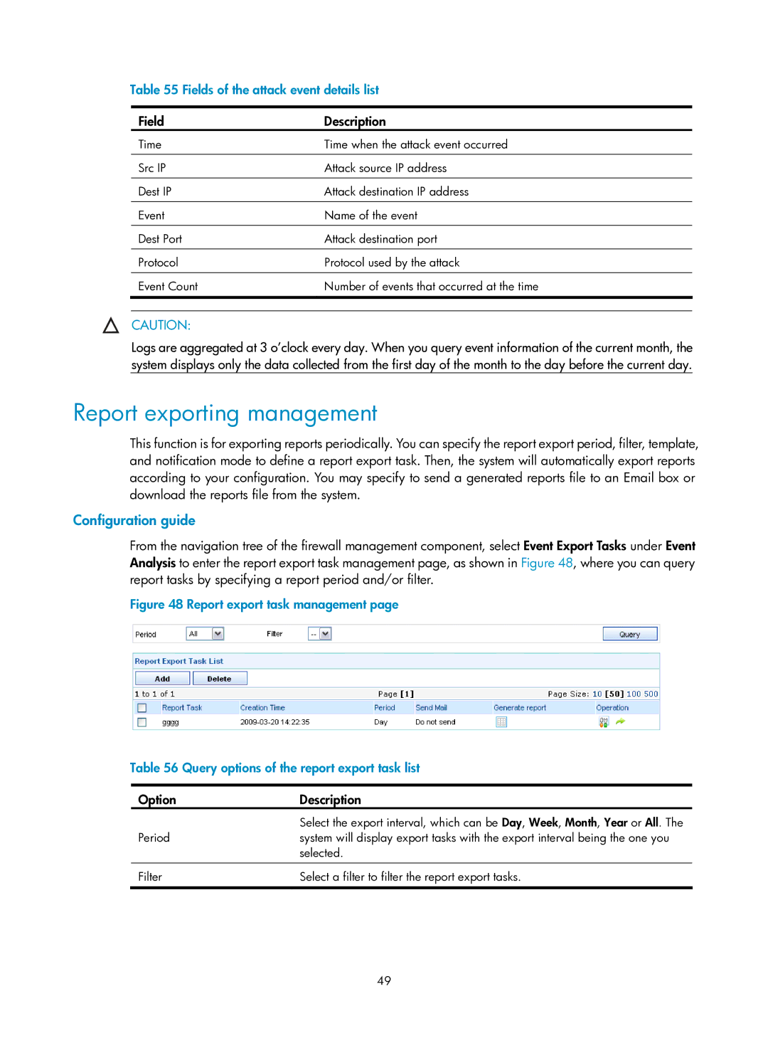 HP Firewall manual Report exporting management, Fields of the attack event details list 