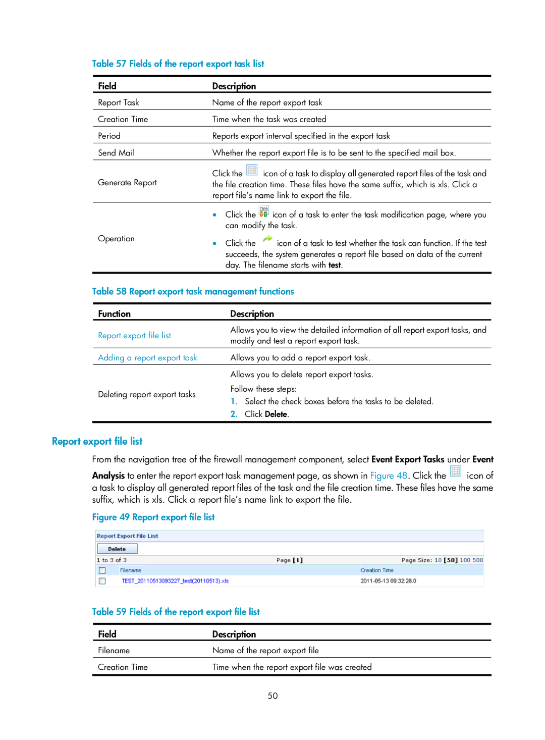 HP Firewall manual Report export file list, Fields of the report export task list, Report export task management functions 