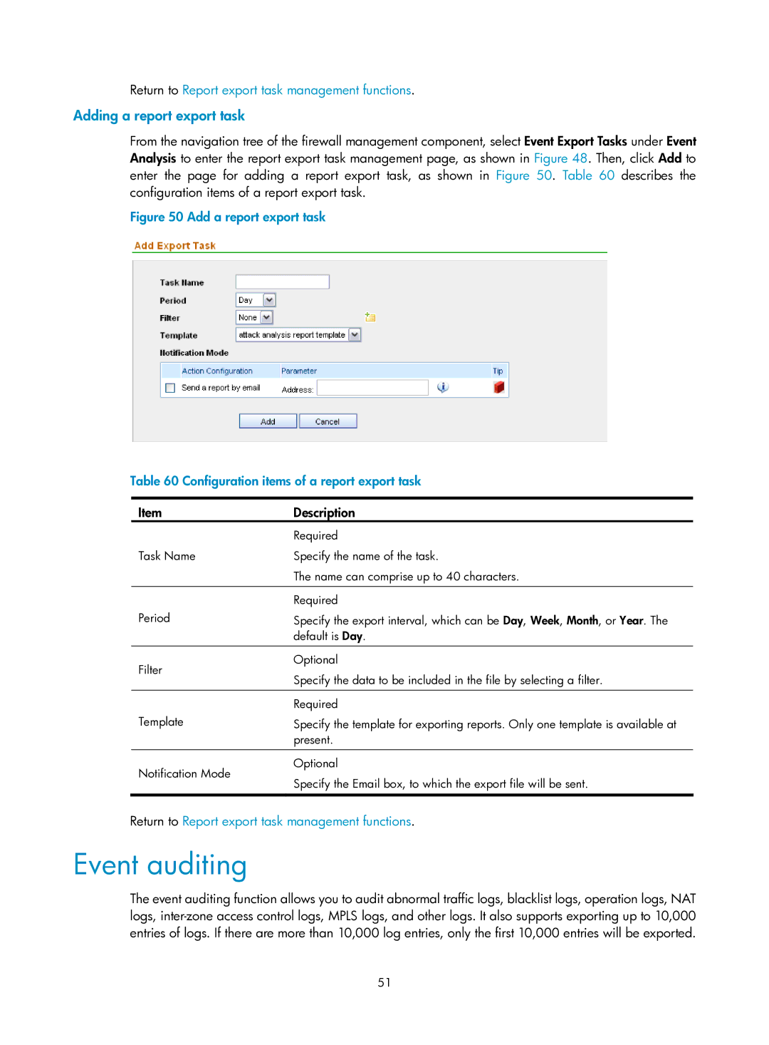 HP Firewall manual Event auditing, Adding a report export task, Return to Report export task management functions 