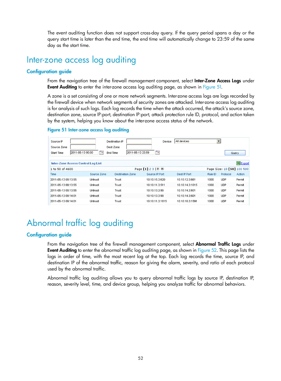 HP Firewall manual Inter-zone access log auditing, Abnormal traffic log auditing 