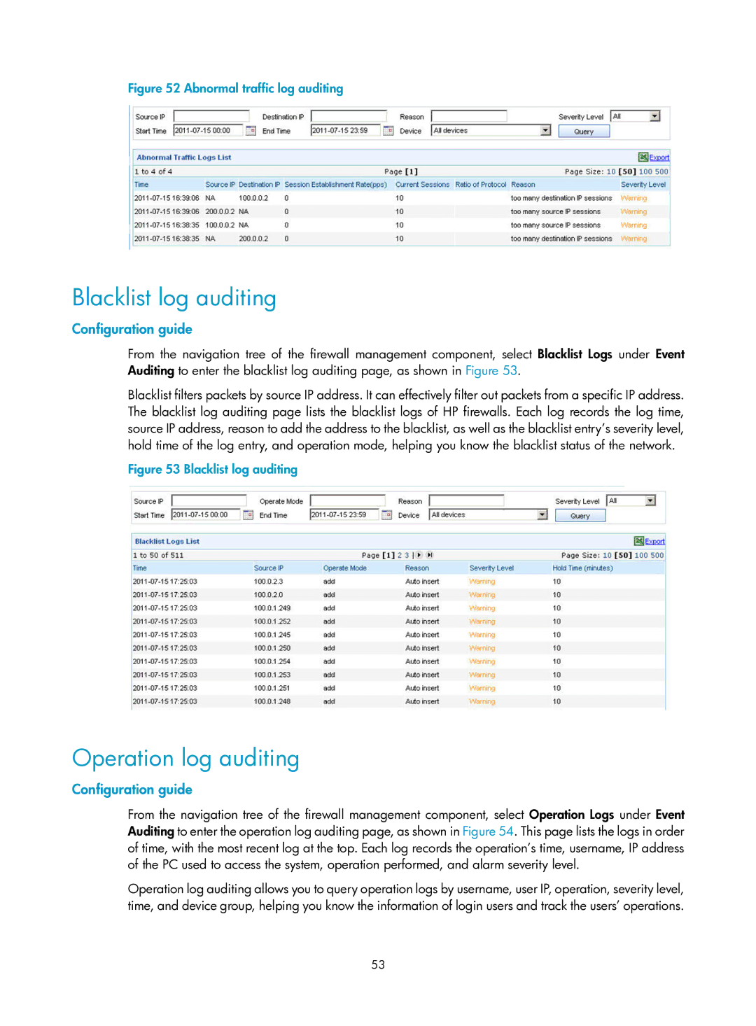 HP Firewall manual Blacklist log auditing, Operation log auditing 