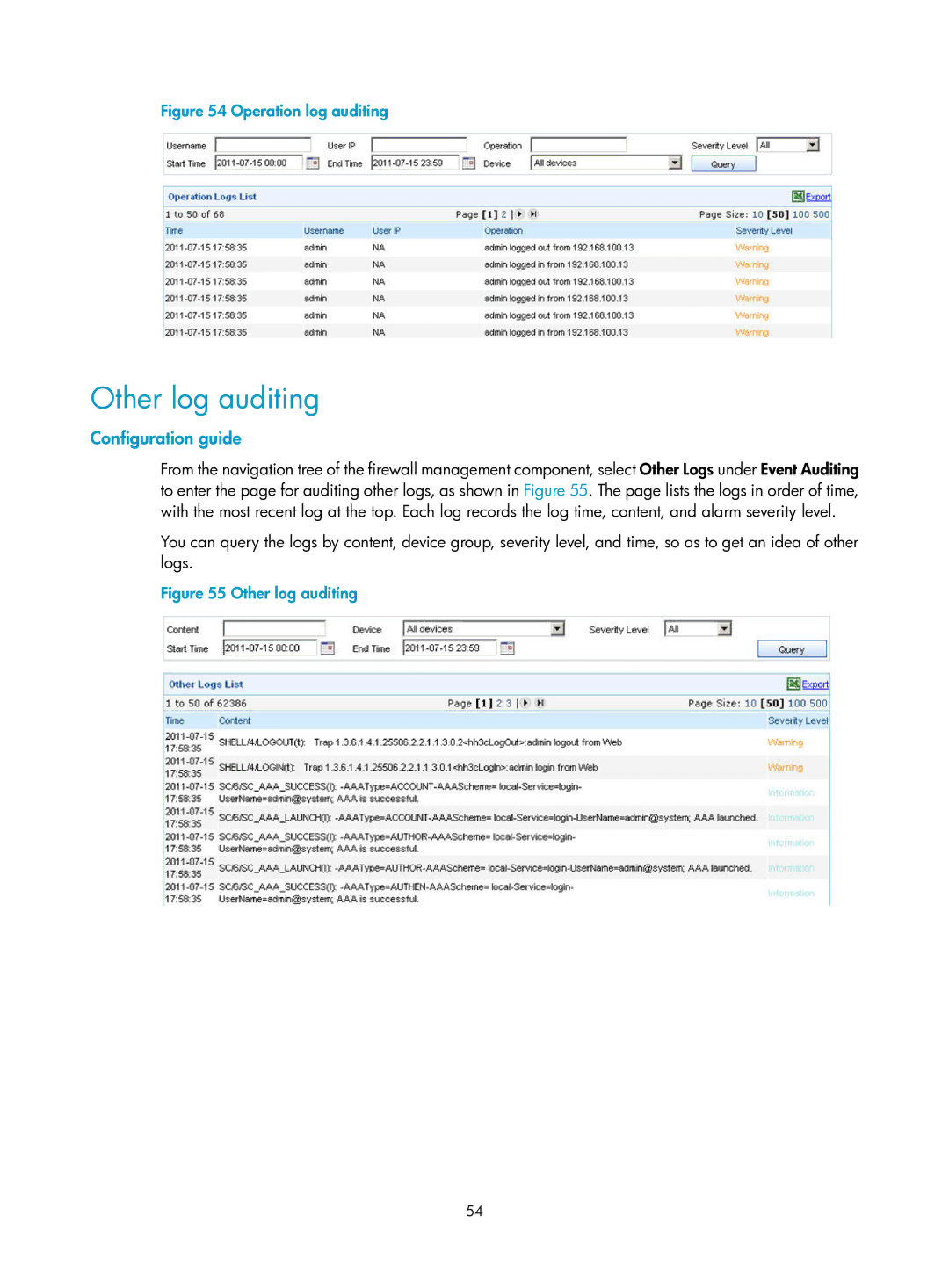 HP Firewall manual Other log auditing, Operation log auditing 