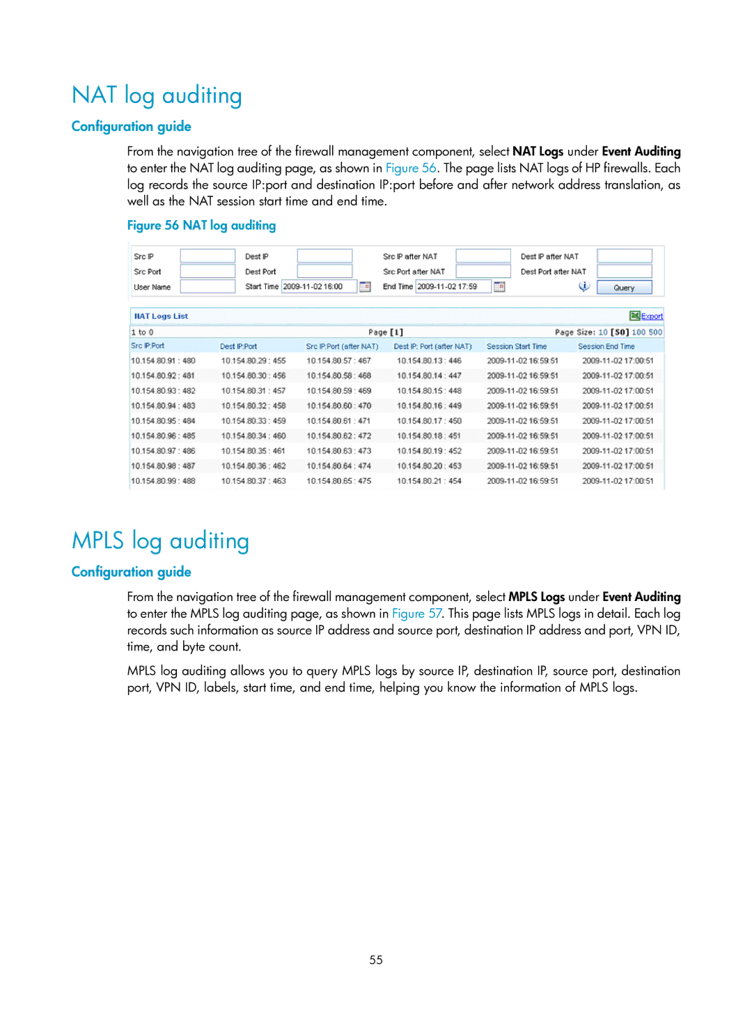 HP Firewall manual NAT log auditing, Mpls log auditing 