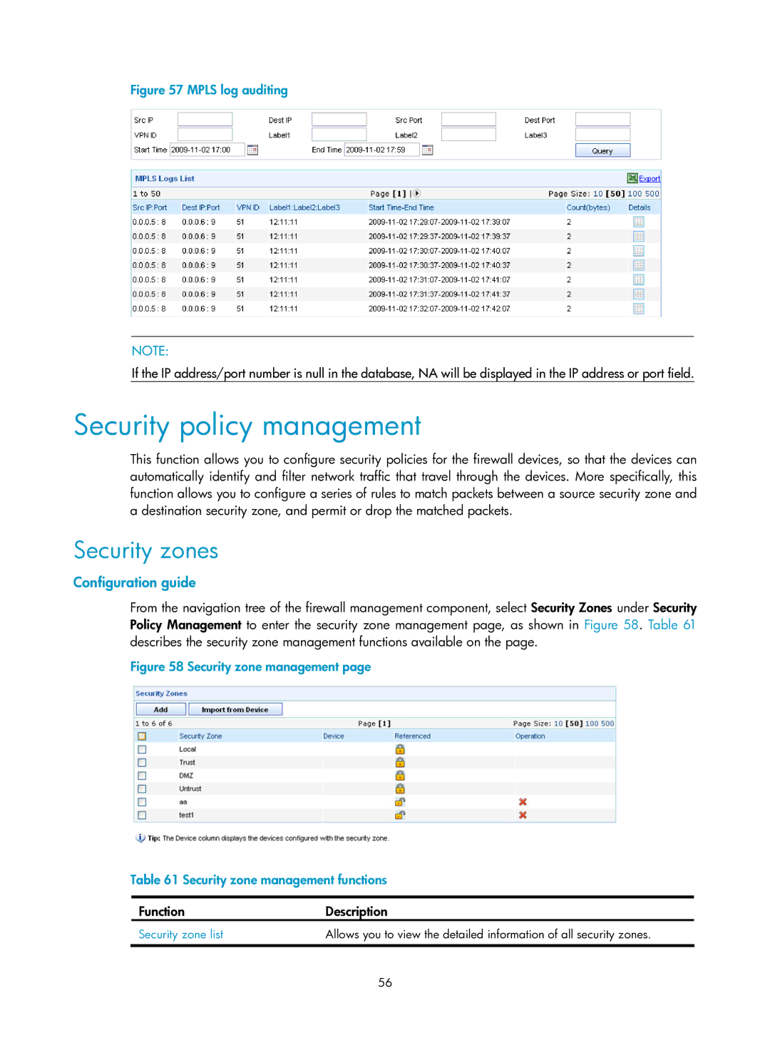 HP Firewall manual Security policy management, Security zones, Security zone list 