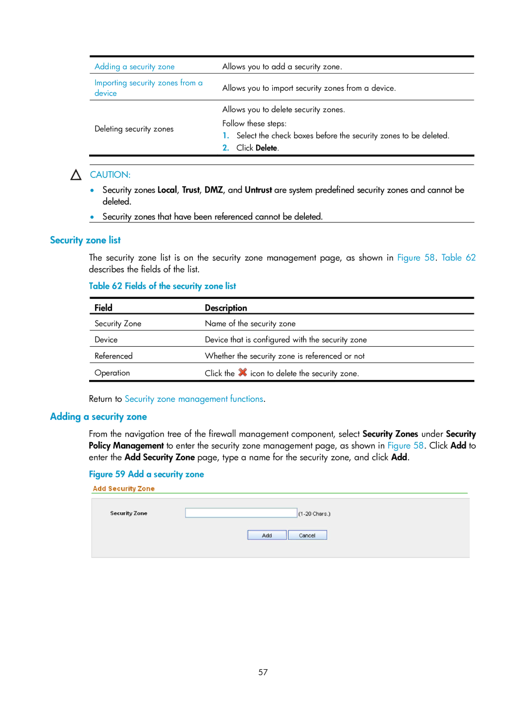 HP Firewall manual Security zone list, Adding a security zone, Fields of the security zone list 