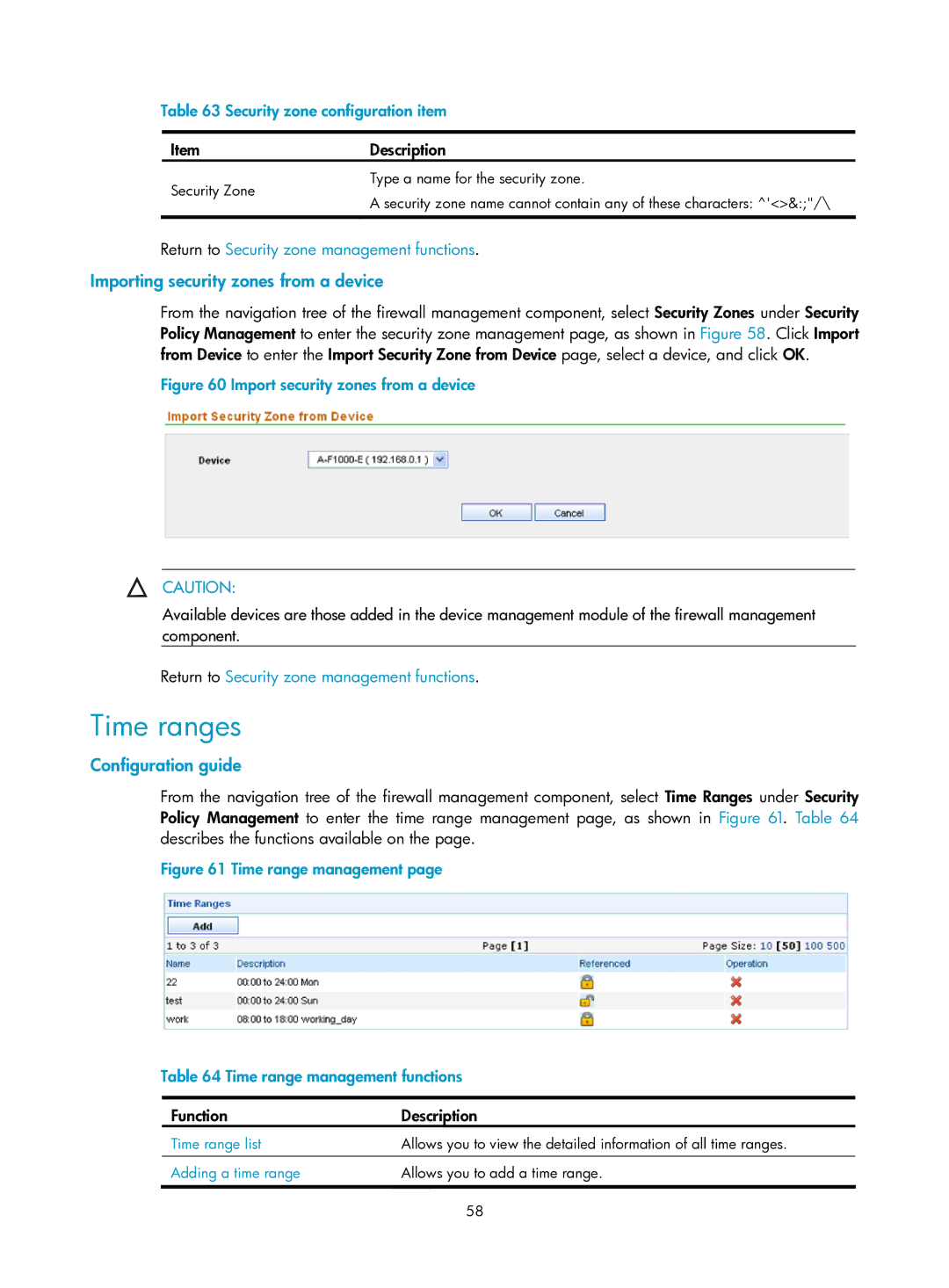 HP Firewall manual Time ranges, Importing security zones from a device, Security zone configuration item, Time range list 