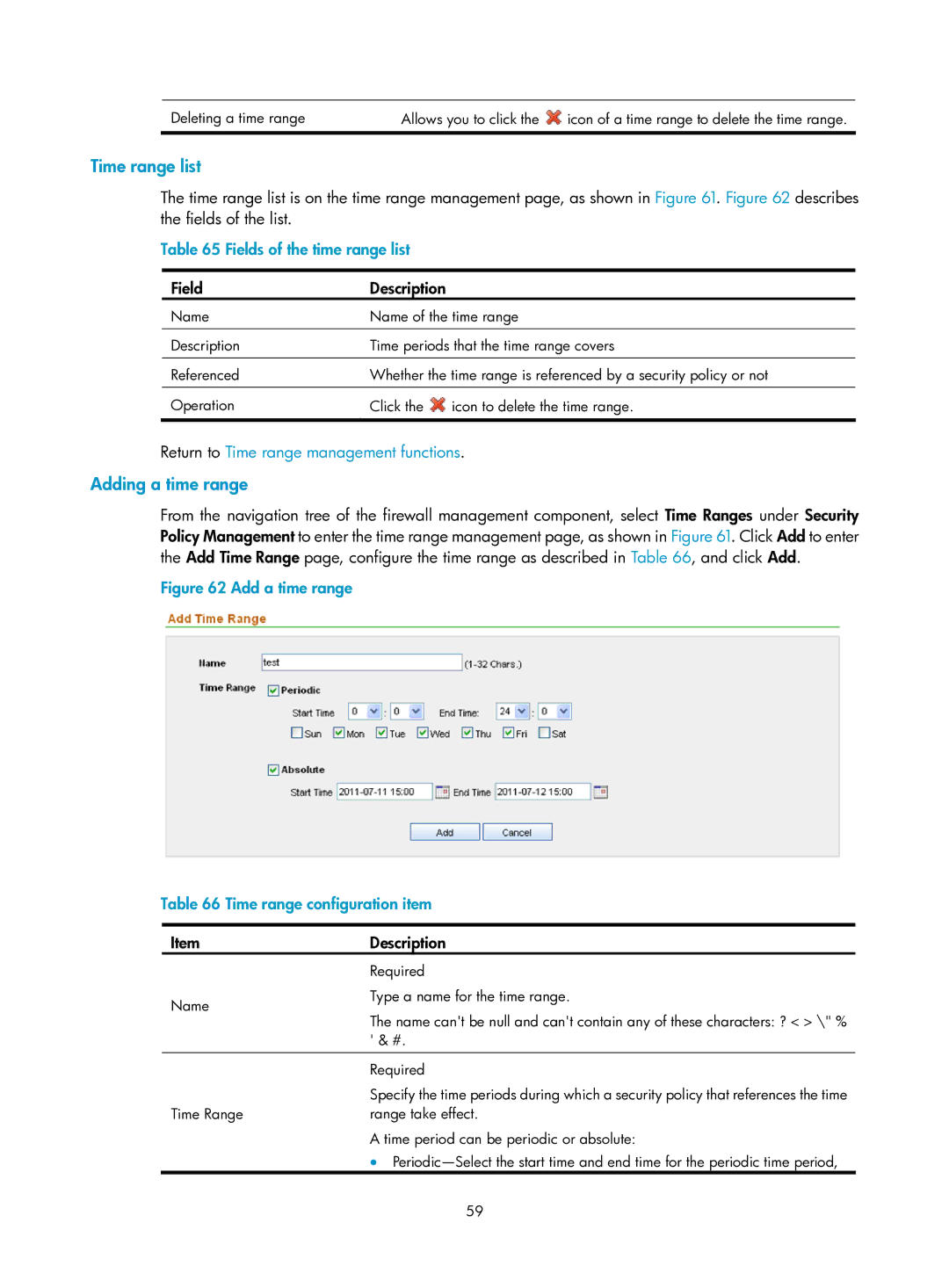 HP Firewall Time range list, Adding a time range, Fields of the time range list, Return to Time range management functions 