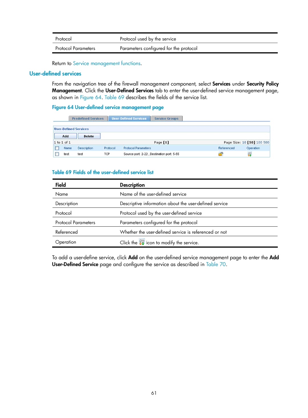 HP Firewall manual User-defined services, Return to Service management functions 