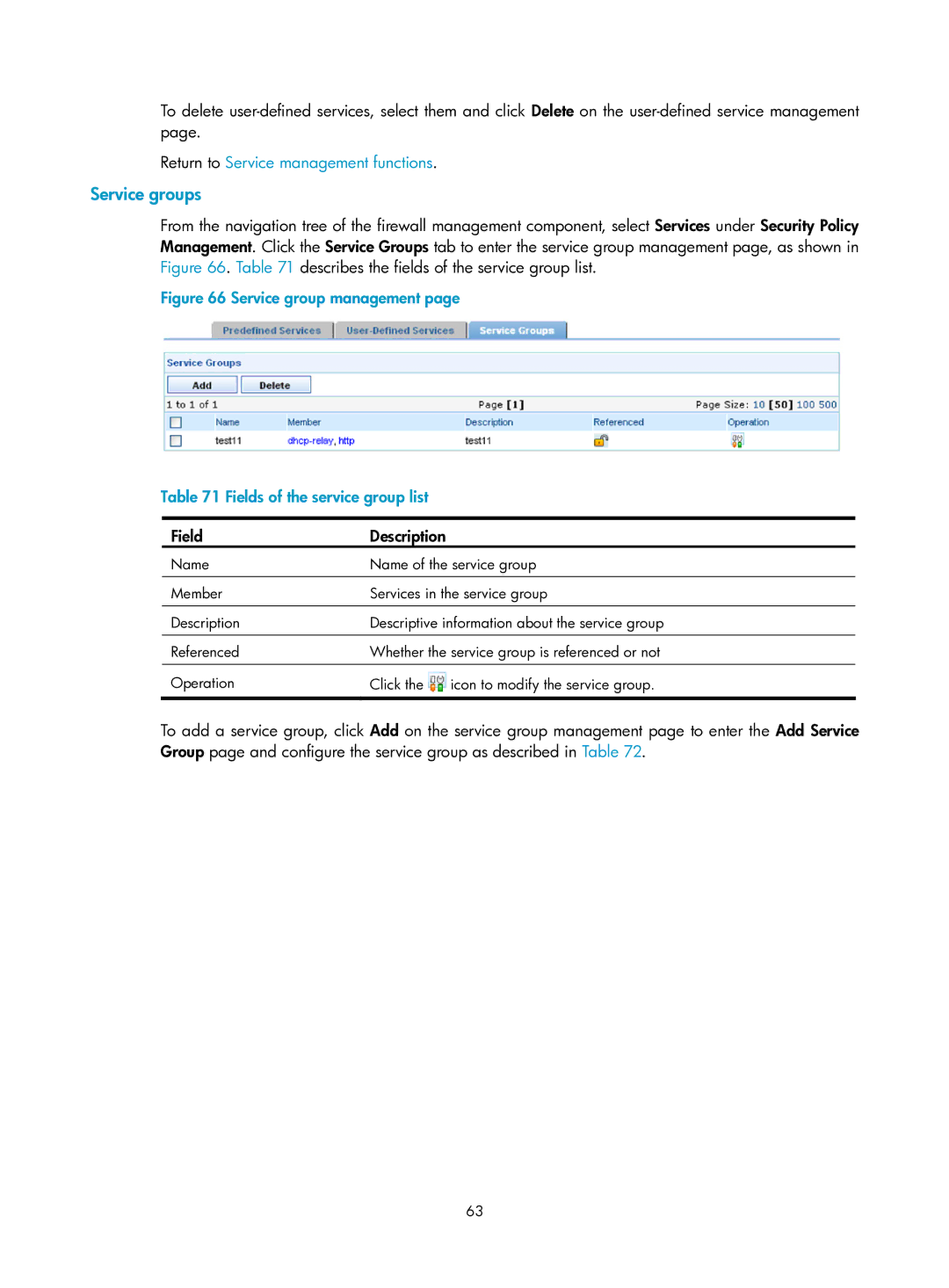 HP Firewall manual Service groups, Service group management Fields of the service group list 