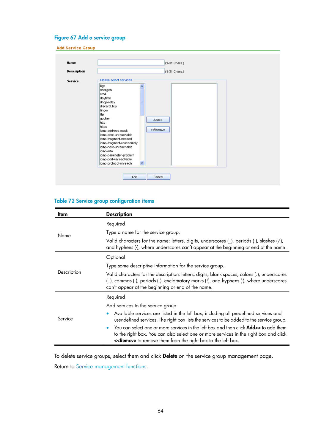 HP Firewall manual Add a service group Service group configuration items 