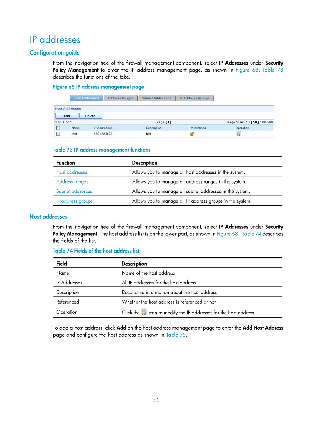 HP Firewall manual IP addresses, Host addresses, Fields of the host address list 